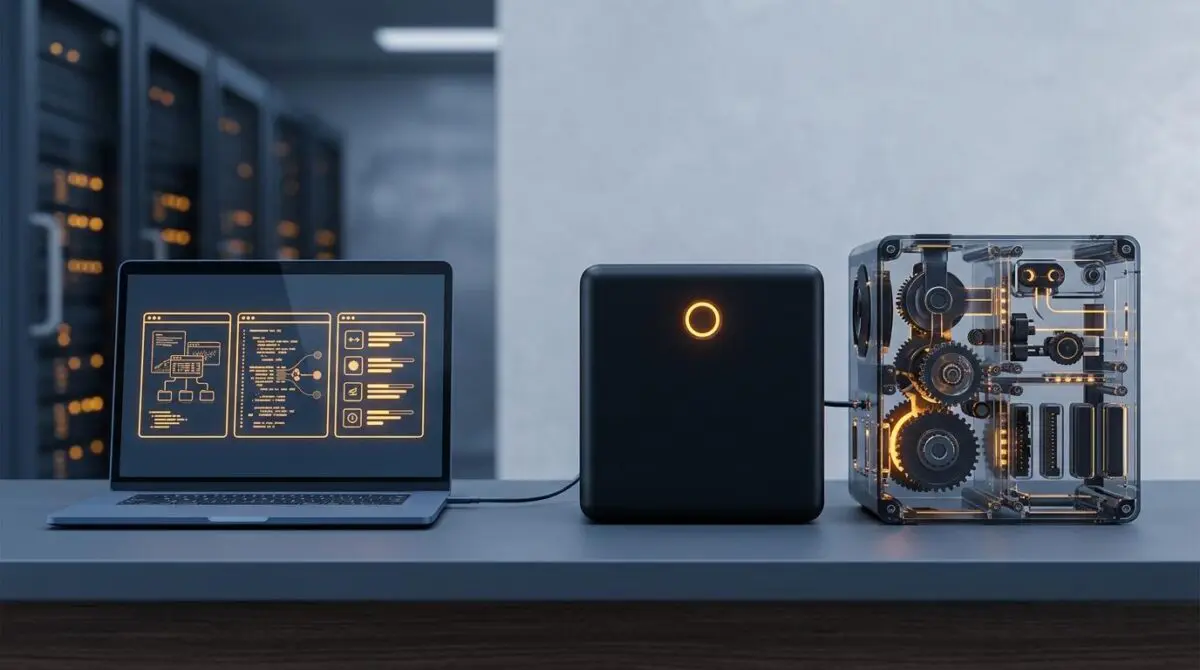 Laptop showing three AI agent options, sealed black box with amber button, transparent modular gear frame, blurred servers