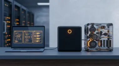 Laptop showing three AI agent options, sealed black box with amber button, transparent modular gear frame, blurred servers