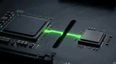 AI accelerator chip and memory module on dark board, neon-green trace bridging a cut, the 5-agency security gap.