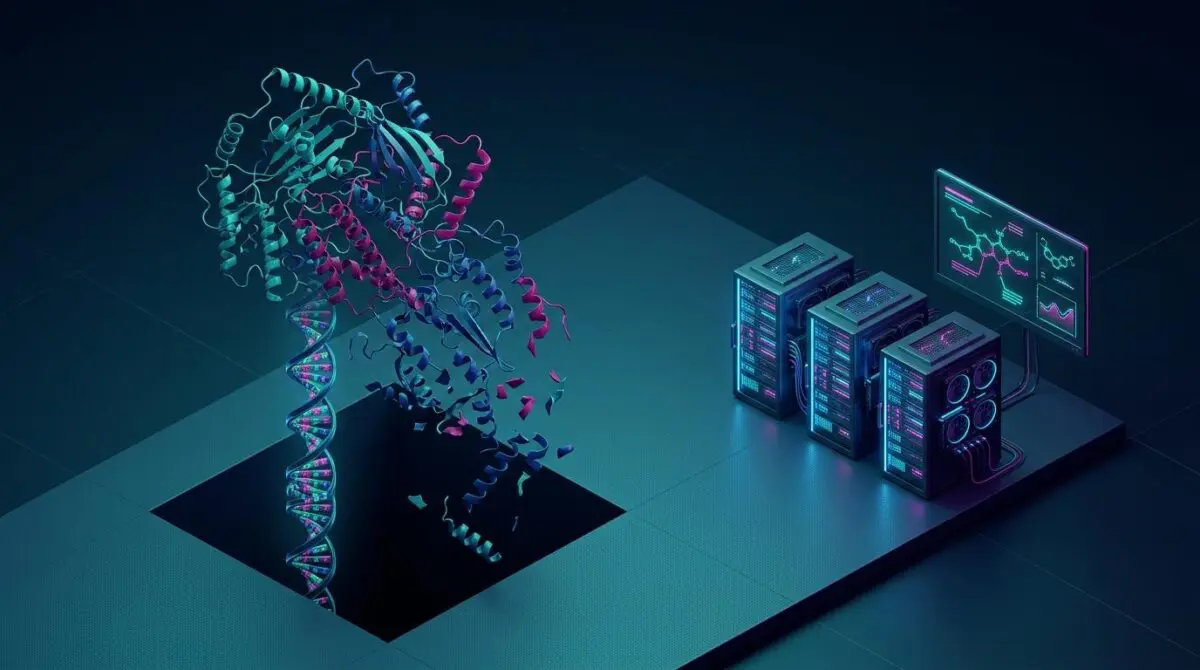 Isometric protein structure collapsing as MSA sequence stack vanishes, GPU servers and molecular screen, teal and magenta.