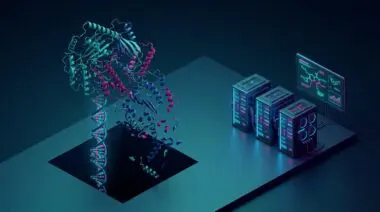 Isometric protein structure collapsing as MSA sequence stack vanishes, GPU servers and molecular screen, teal and magenta.