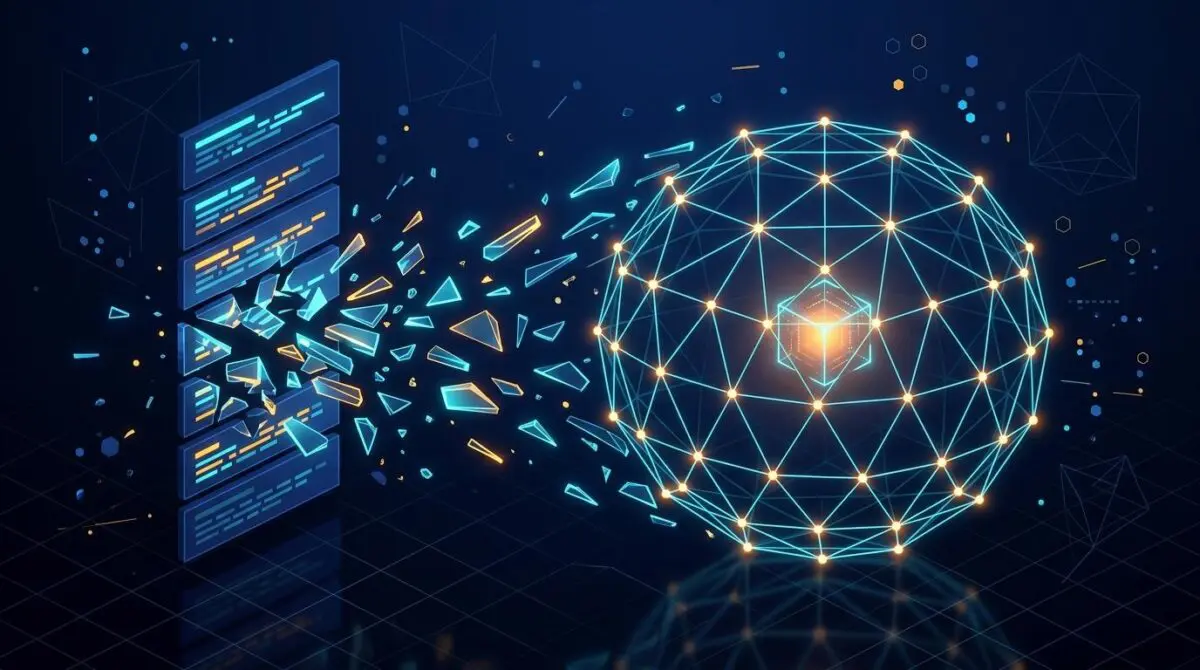 Shattered search results form a geodesic dome of citations around a glowing AI answer box, symbolizing SEO adaptation.