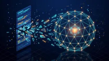 Shattered search results form a geodesic dome of citations around a glowing AI answer box, symbolizing SEO adaptation.
