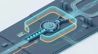 Ratchet gear clicks forward, restricting AI agent access as sensitive data hits enforcement points in a data center.
