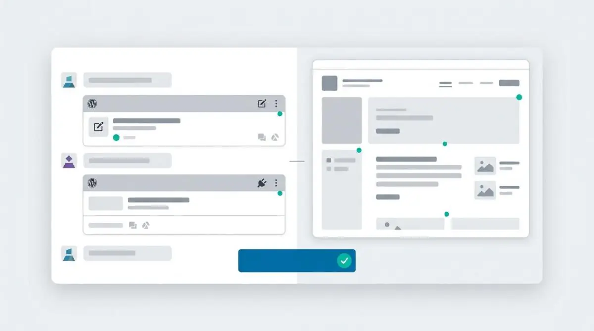 ChatGPT conversation with WordPress.com admin action cards and a confirm approval gate beside a website preview