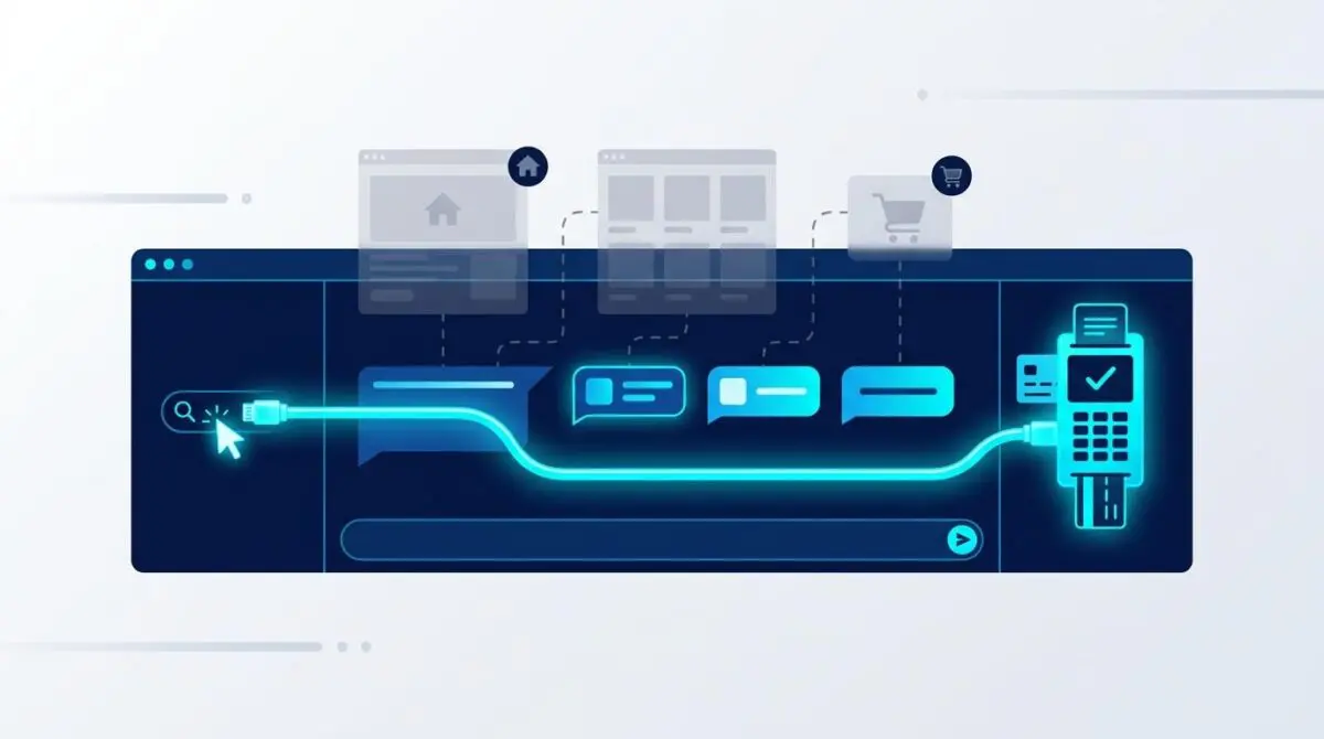 AI chat checkout with data cable from search to payment, bypassing translucent funnel pages in navy and cyan