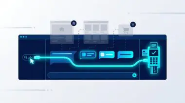 AI chat checkout with data cable from search to payment, bypassing translucent funnel pages in navy and cyan