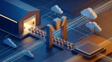 3D BigQuery-to-Databricks warehouse exit gateway, data-block path under Process, Technology, People pillars, blue-amber.