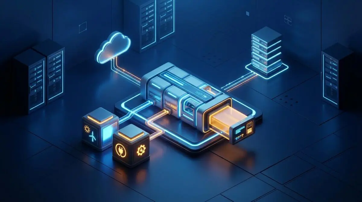 AI automation runtime isometric 3D, dual power sources to cloud and on-prem, detachable workflow cartridge, blue server room.