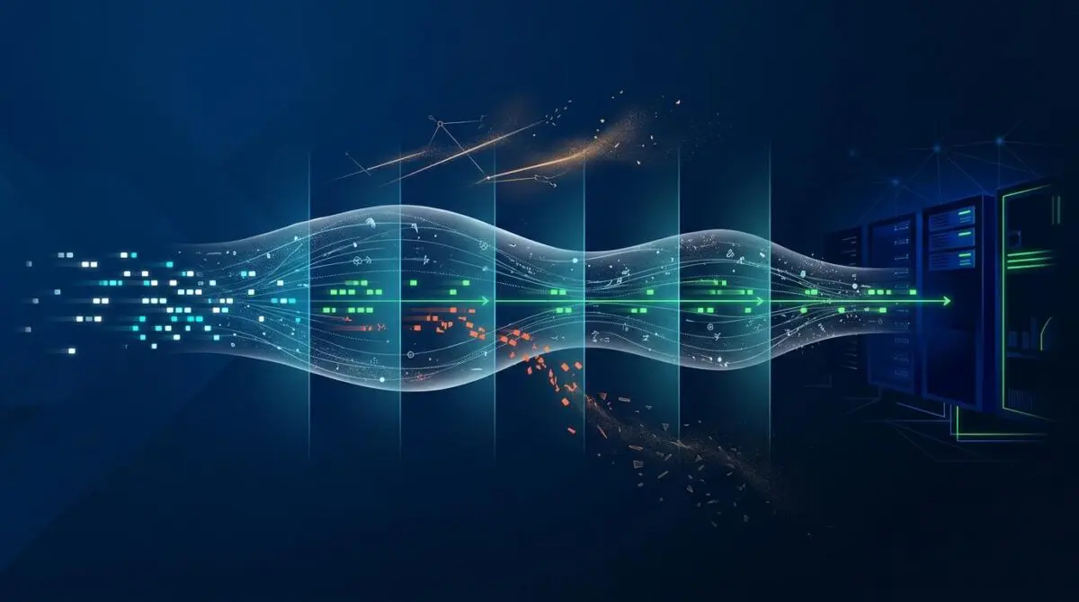 Self-retraining bot detection engine with translucent shifting data flows and blue-green server silhouettes.