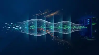 Self-retraining bot detection engine with translucent shifting data flows and blue-green server silhouettes.