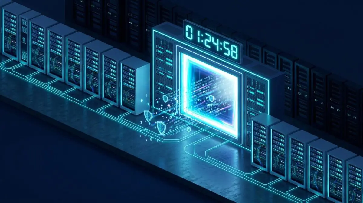 Isometric AI security hub with shrinking luminous portal and digital shields, timer above the AI defender's window for CISOs.