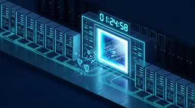Isometric AI security hub with shrinking luminous portal and digital shields, timer above the AI defender's window for CISOs.