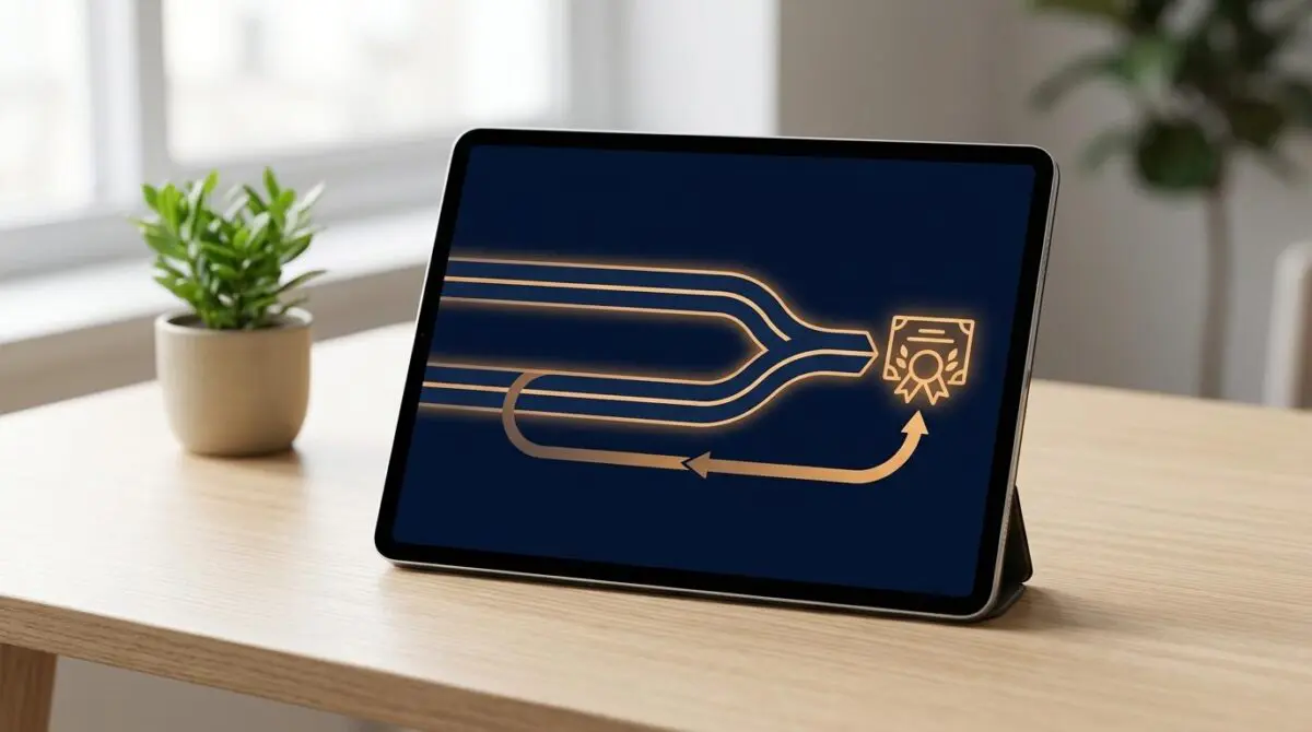 Tablet mockup for Cohere and Waterloo's AI change management: tracks merge into a certificate.