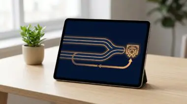 Tablet mockup for Cohere and Waterloo's AI change management: tracks merge into a certificate.