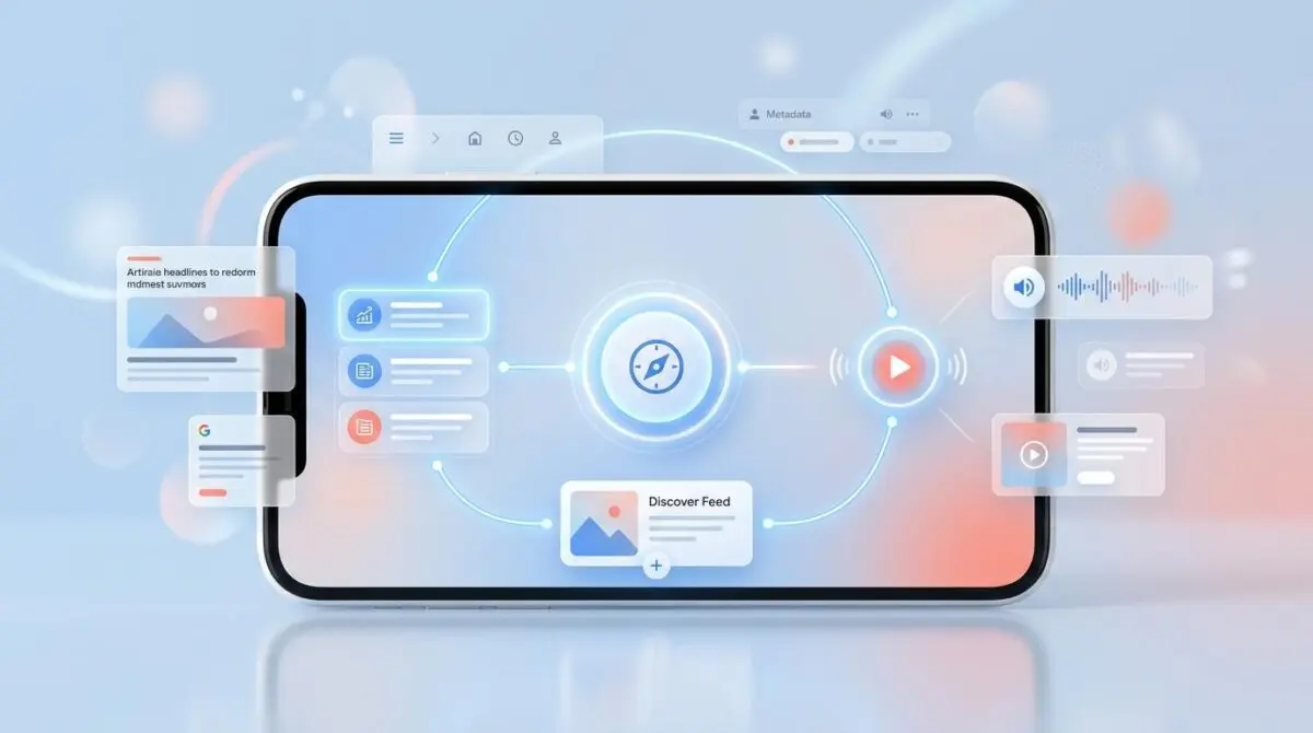 Smartphone with Google's Preferred Sources button, glowing lines to Top Stories, Discover, audio, personalization growth loop.