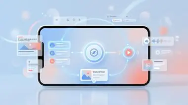 Smartphone with Google's Preferred Sources button, glowing lines to Top Stories, Discover, audio, personalization growth loop.