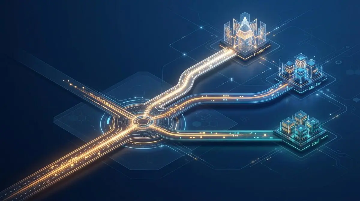 Isometric 3D highway interchange with glowing lanes branching to three AI model hubs, representing Hermes Agent routing.