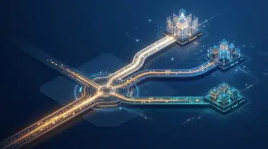 Isometric 3D highway interchange with glowing lanes branching to three AI model hubs, representing Hermes Agent routing.