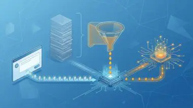 AI prompt window feeding sparse token packets to neural processor, bypassing tall document stack, powering agent circuit
