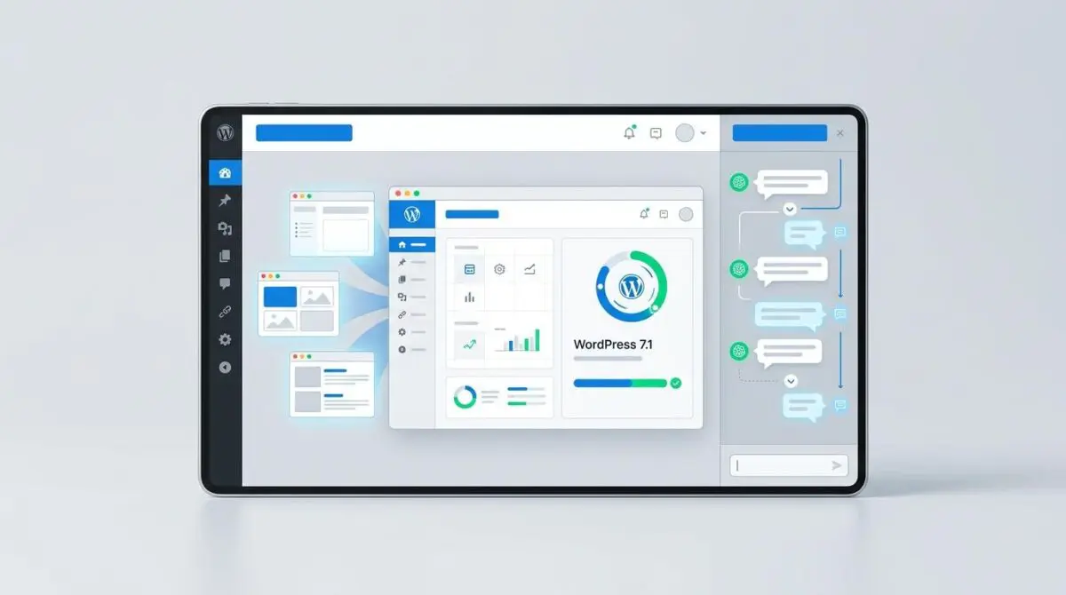 Unified WordPress admin with ChatGPT panel and sidebar, WordPress 7.1 update in blue, white, green.
