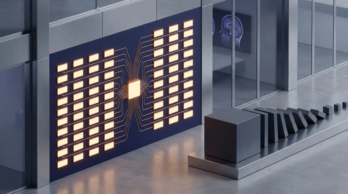 Isometric 3D grid of 50 glowing fellowship plaques linked to a hub, MIT's decade-long psychiatric research talent bet.