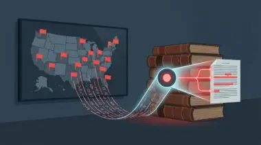 Glowing AI sieve scans old law books exposing discriminatory local laws, U.S. map with red flags on screen.