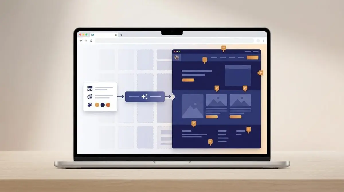 WordPress.com AI builder interface with template grid dissolving into a custom brand theme layout, shown in a floating browser window.