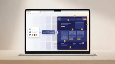 WordPress.com AI builder interface with template grid dissolving into a custom brand theme layout, shown in a floating browser window.