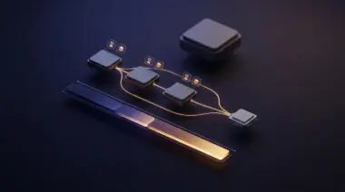 Isometric dark canvas: three tool-call nodes rewired parallel into a compact model chip, with AI workflow latency budget bar.