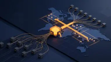 Isometric render: AWS EventBridge custom bus amber hub unifies account cables, ending multi-account event sprawl.