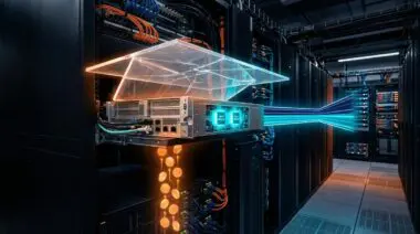 AWS T8i EC2 blade lifting a performance ceiling in a hyperscale data center, glowing Nitro chips and 2.4x wider EBS pipes.