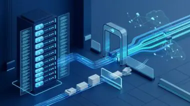 Isometric data center server rack with ten glowing automation slides and audit logs, conveying fintech automation by 2026.