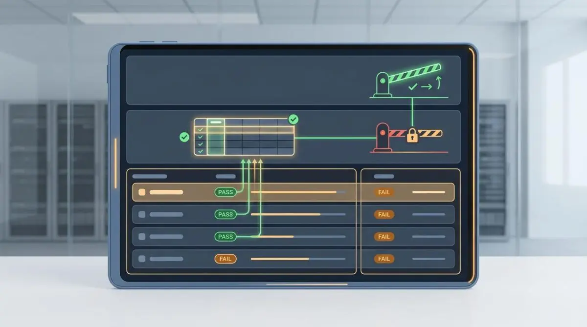 Beyond tool calls, agent evaluation dashboard mockup: green tool-call rows feed a locked checkpoint tied to a database row.