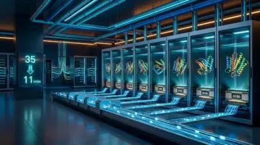 Eight H100 GPUs render parallel protein ribbons in a data center, energy meter drops 35 to 11 MWh for BioNeMo 2.90x folding.