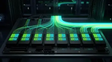 Eight NVIDIA B200 GPUs with glowing expert-kernel grids and MXFP8 tiles, fused into one computation band for BioNeMo MoE.