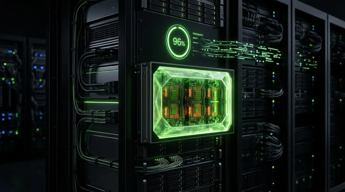 Eight-GPU NVIDIA DGX B200 rack running TensorRT-LLM inference, Blackwell GPUs behind a glowing enclave wall with a 96% throughput gauge.