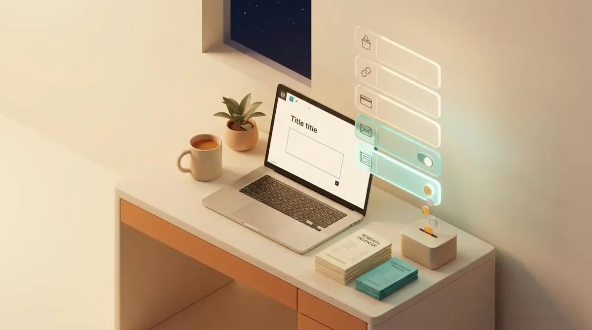 Isometric blog monetization WordPress editor: five revenue panels, bottom two active, desk laptop mug invoices, coin trickle.