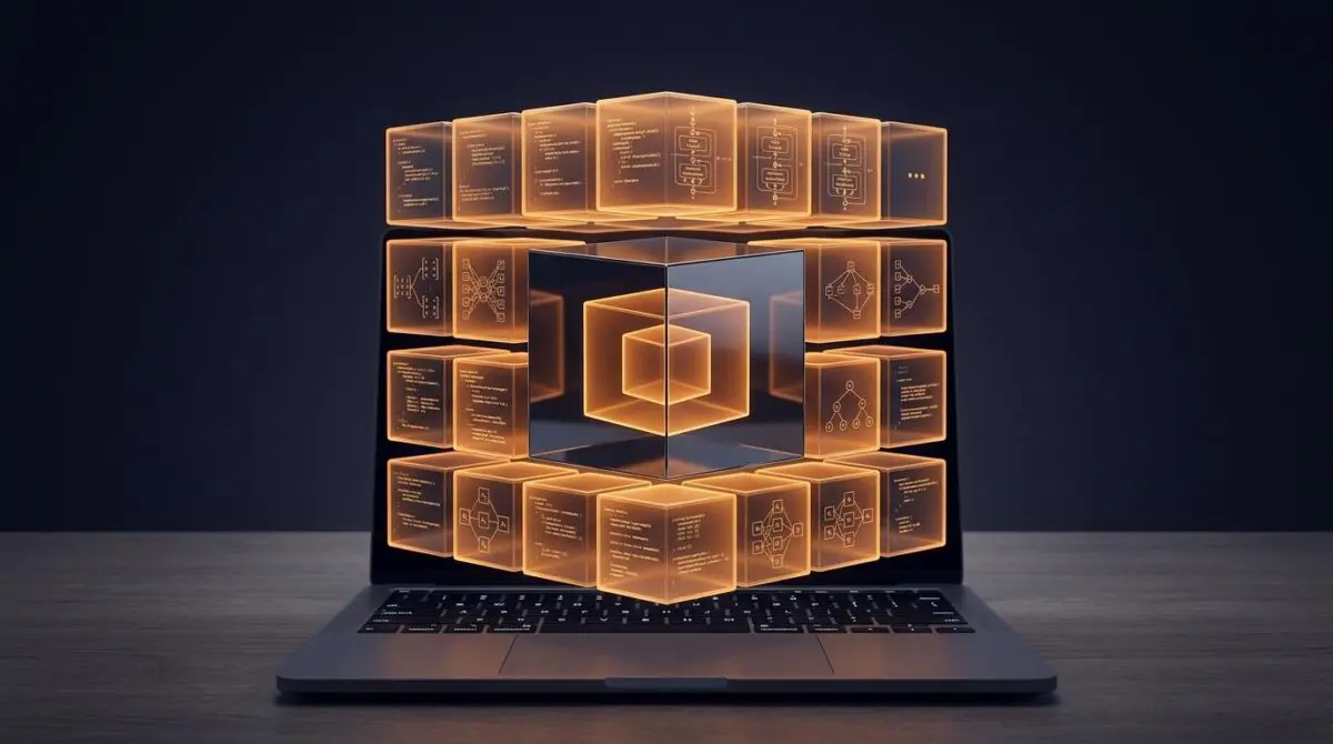 Four-tier stack of twenty glowing Jupyter modules above a keyboard, illustrating TinyTorch's 20-module path to PyTorch autograd.