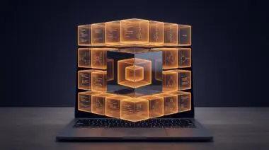 Four-tier stack of twenty glowing Jupyter modules above a keyboard, illustrating TinyTorch's 20-module path to PyTorch autograd.