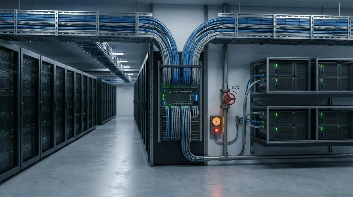 GPU racks and cable trays route traffic to two inference clusters; canary rollouts catch a 137% p95 regression at the valve.