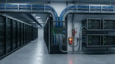 GPU racks and cable trays route traffic to two inference clusters; canary rollouts catch a 137% p95 regression at the valve.