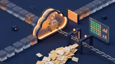 Glowing cloud CASB policy self-heals SaaS security, sealing an overshared file while a gate snips a public share-link chain.
