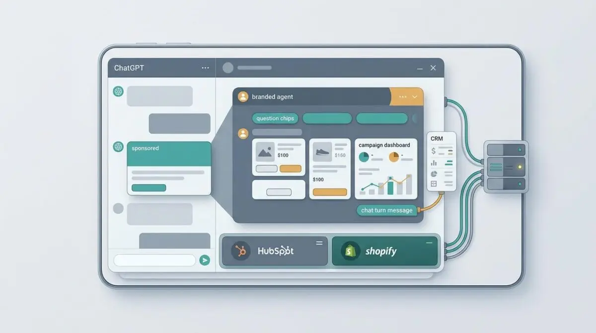 ChatGPT ad card unfolding into agent thread with product cards, HubSpot/Shopify tiles, CRM socket, OpenAI ad overhaul.