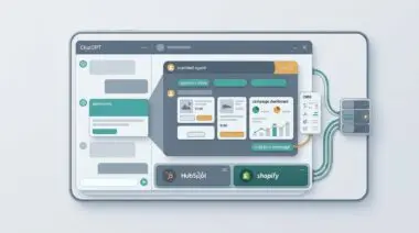 ChatGPT ad card unfolding into agent thread with product cards, HubSpot/Shopify tiles, CRM socket, OpenAI ad overhaul.