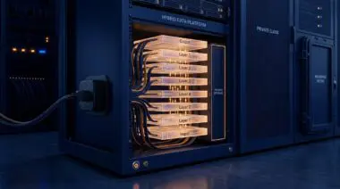 Cloudera and Mistral sovereign AI: translucent model slabs in a hybrid data chassis, vendor cable sealed, private streams.