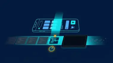 Mobile storefront under a cyan scanner beam, hidden JavaScript blocks slipping by: four attacks Cloudflare caught.
