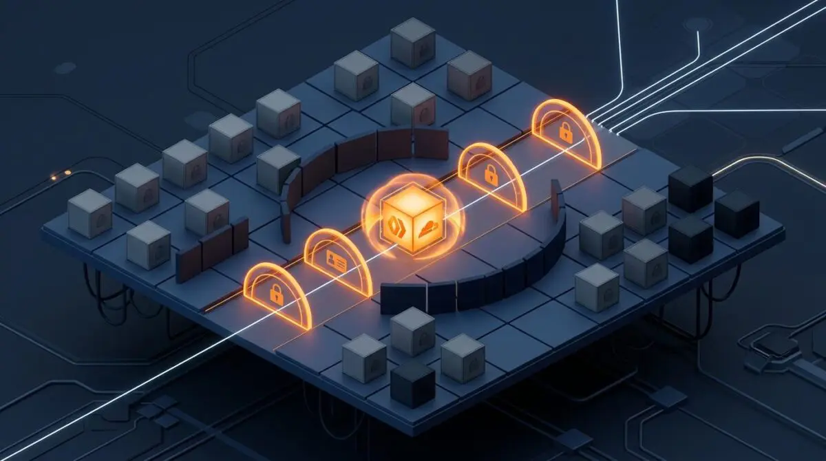 Glowing Cloudflare Worker roles cube in guarded light lane, four permission rings, sealed cubes behind blast-radius walls.