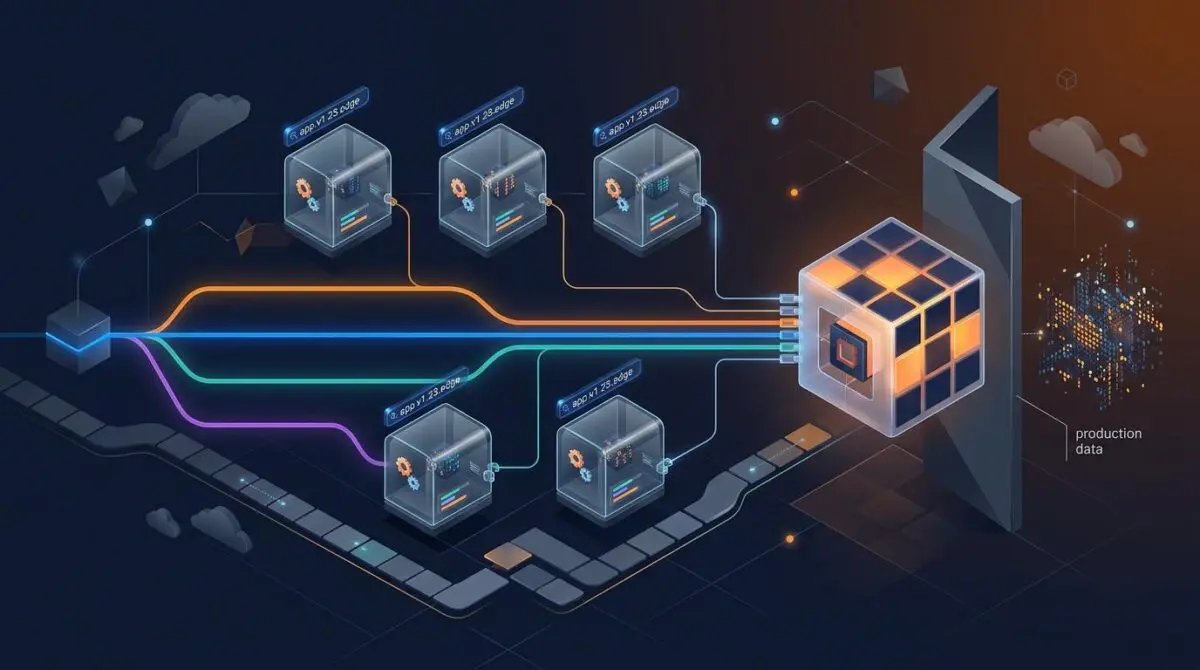 Isometric Git branch graph with glass capsule sandboxes, each with its own URL and logs, showing Cloudflare Worker previews isolated from production data.