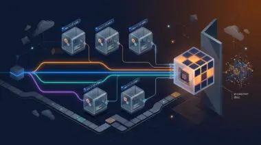 Isometric Git branch graph with glass capsule sandboxes, each with its own URL and logs, showing Cloudflare Worker previews isolated from production data.